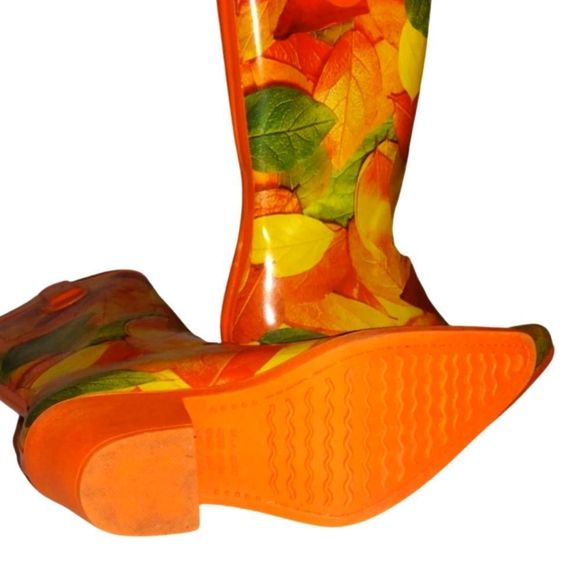 Cowboy Rain Boots Fall Leaves on an orange heel Cowboy Boots Rubber Rain Boots 6 - Picture 7 of 7